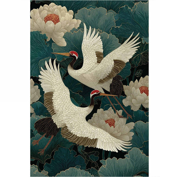 Grace in Flight 19.5x30 decoupage paper by ReDesign with Prima featuring cranes, lotus flowers, teal leaves, and red accents