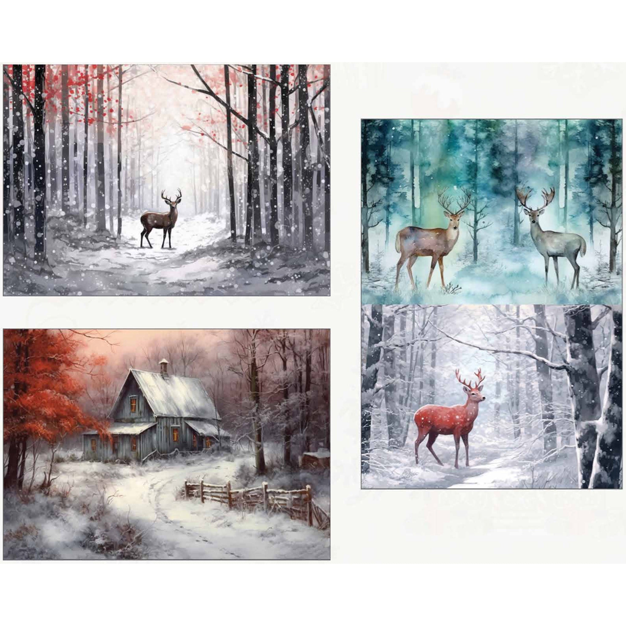 Three sheets of A3 fiber papers featuring snowy winter scenes with deer on 2 sheets, and one sheet featuring a cozy cabin are against a white background.