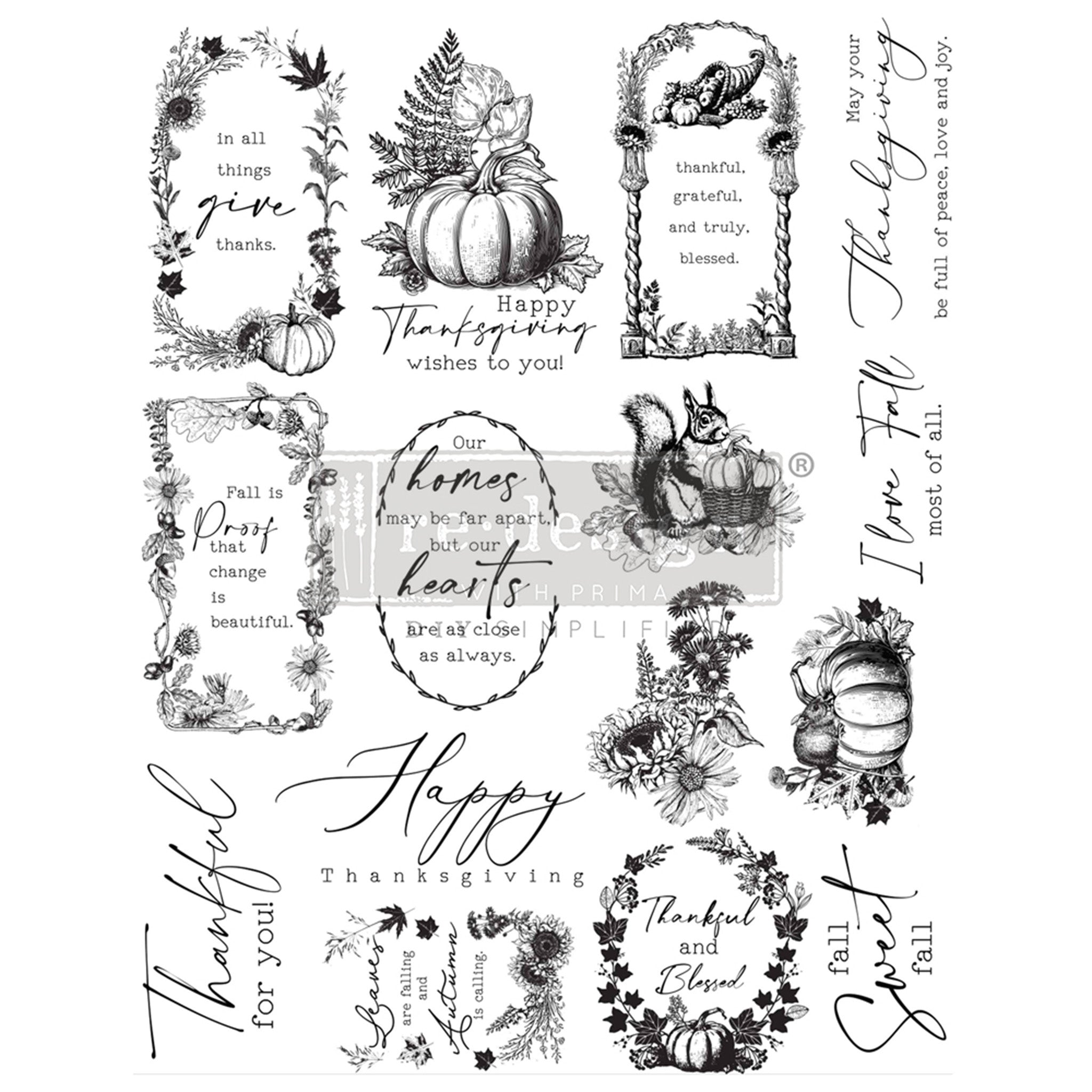 Fifteen stamp designs featuring charming fall items and heartfelt thankful sentiments are against a white background.