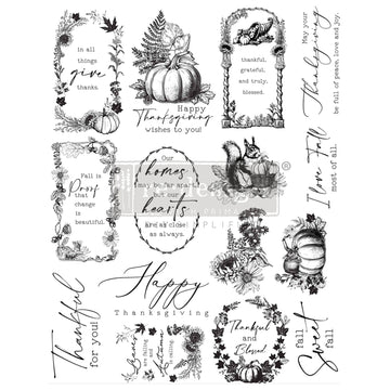 Fifteen stamp designs featuring charming fall items and heartfelt thankful sentiments are against a white background.