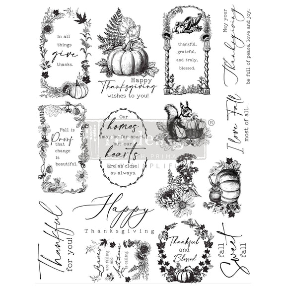 Fifteen stamp designs featuring charming fall items and heartfelt thankful sentiments are against a white background.