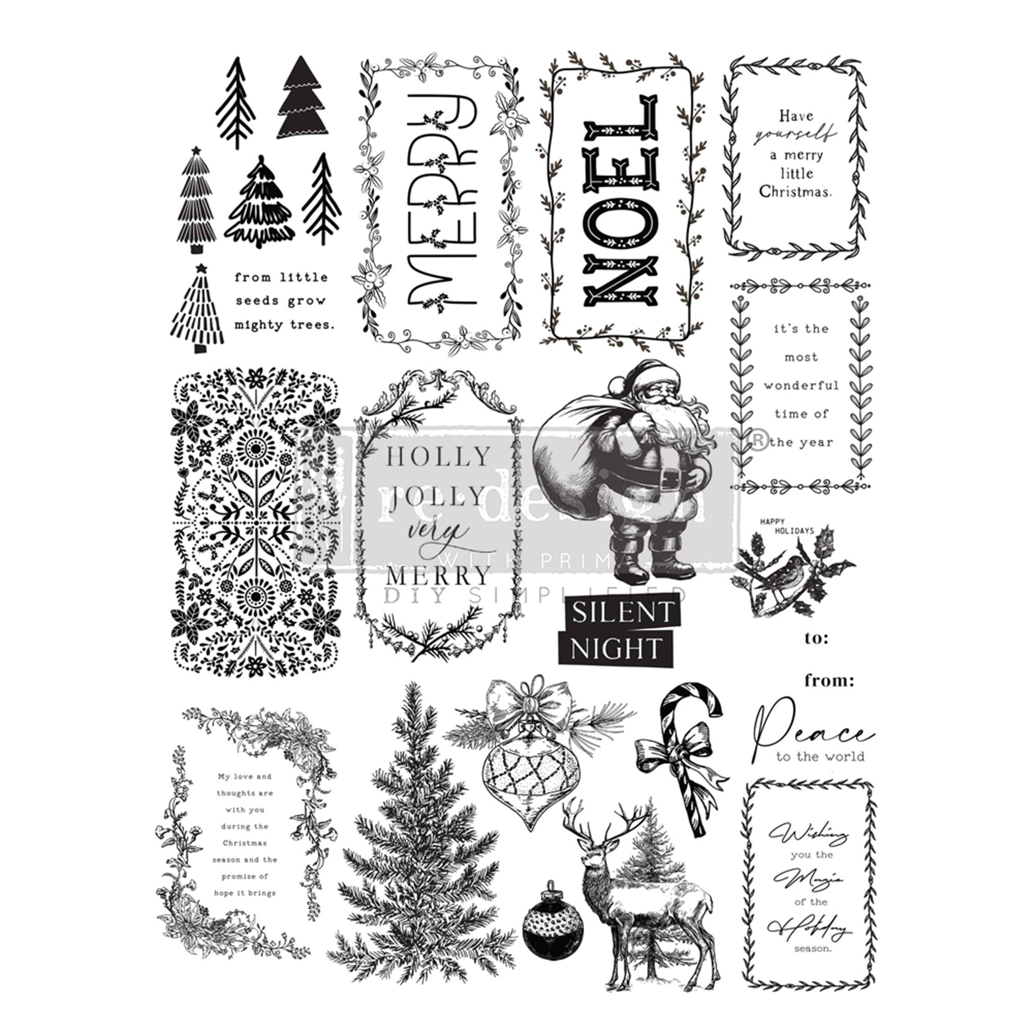 Sixteen stamp designs featuring holiday greetings and Christmas images are against a white background.