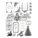 Nineteen stamp designs featuring holiday greetings, gift tags, and Christmas images are against a white background.