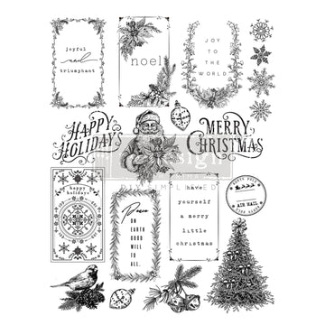 Nineteen stamp designs featuring holiday greetings, gift tags, and Christmas images are against a white background.