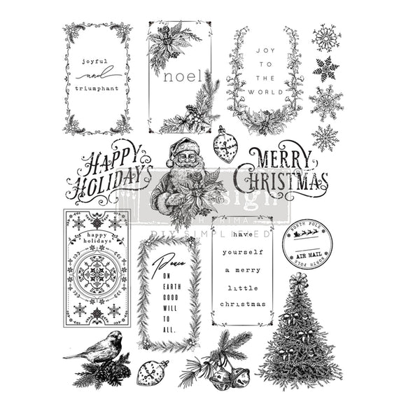 Nineteen stamp designs featuring holiday greetings, gift tags, and Christmas images are against a white background.