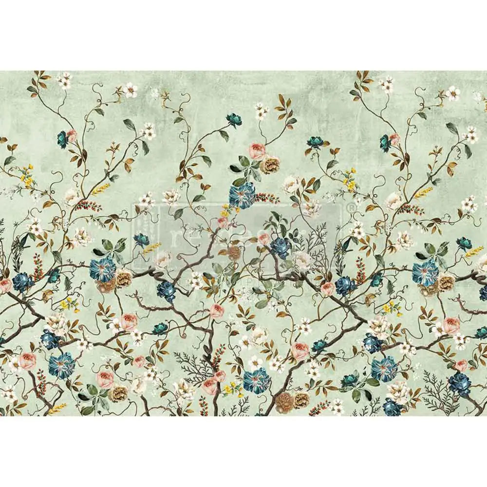 A1 fiber paper that features delicate climbing flowers in blue, white, and mustard hues against a soft green background.