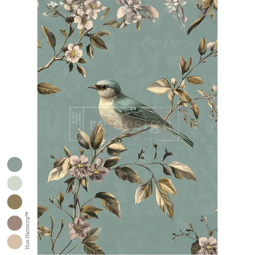 A1 fiber paper features a charming bird nestled among flowering branches on a soft blue background. Five color samples are to the left of the paper.