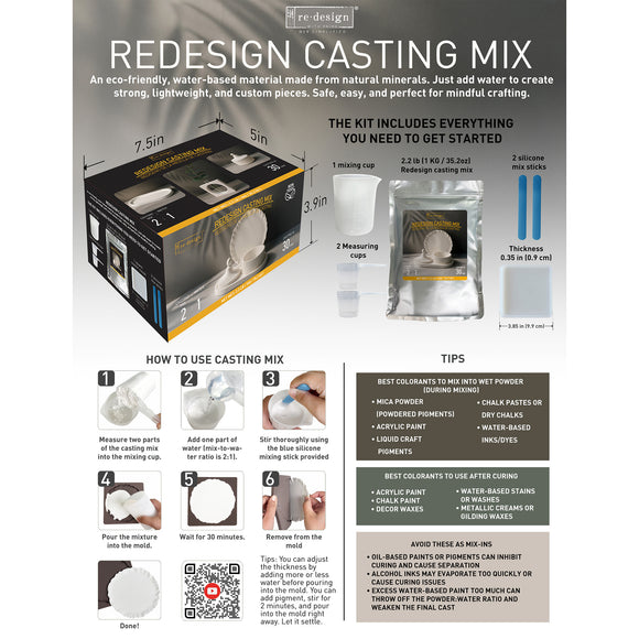Redesign Casting Mix packaging with usage instructions and product details on a white background