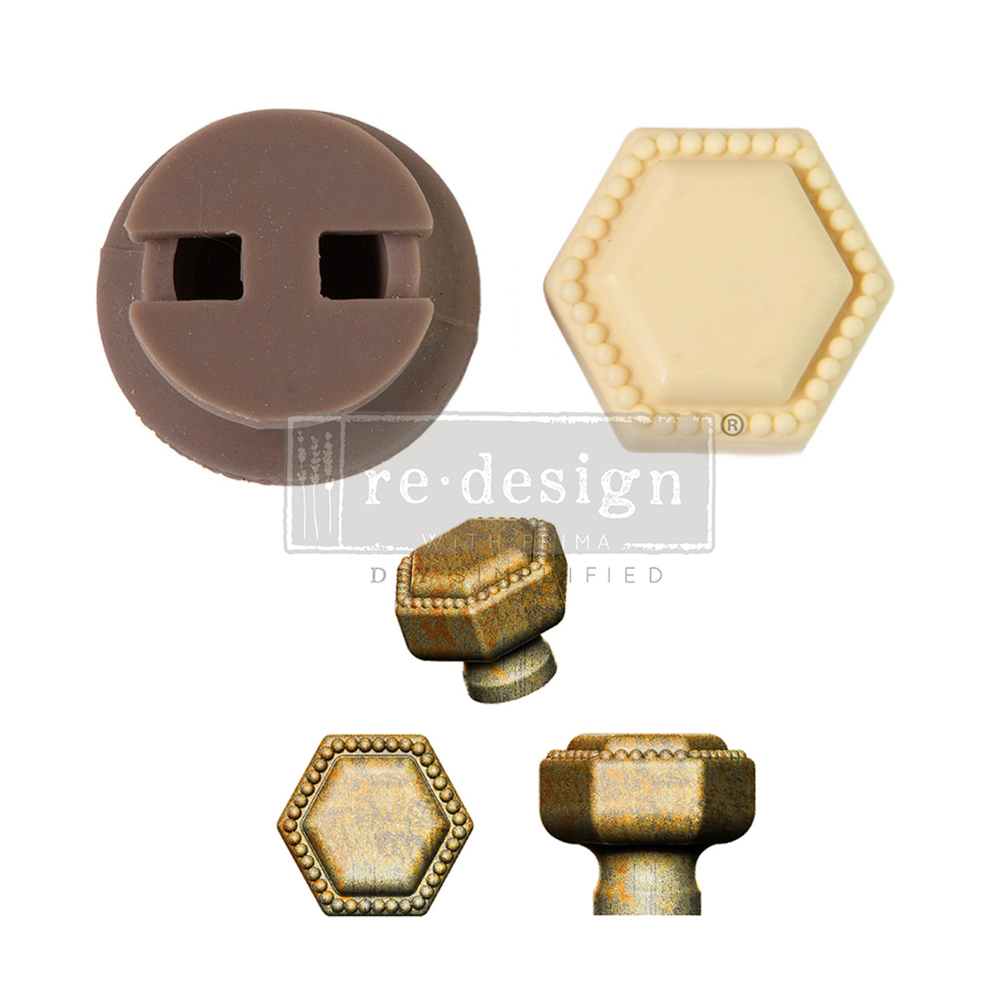 A brown silicone mold, cream-colored resin casting, and 3 views of gold-colored castings of a hexagon drawer knob with a pearl border are against a white background.
