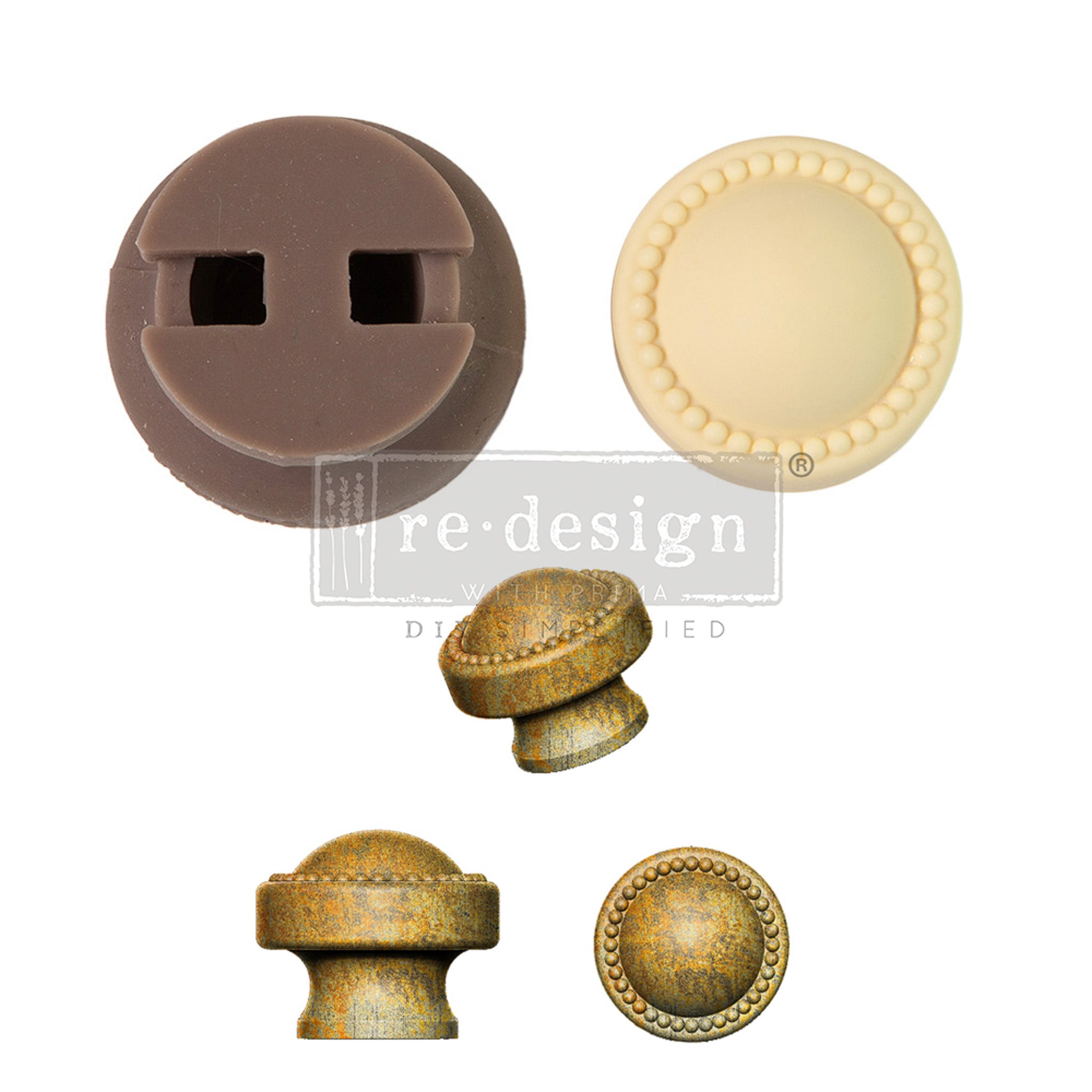 A brown silicone mould, cream-colored resin casting, and 3 views of gold-colored castings of a round drawer knob with a pearl border are against a white background.