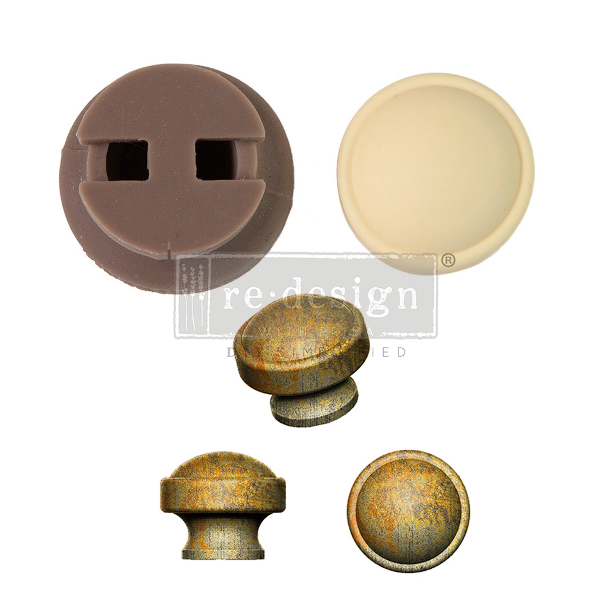 A brown silicone mold, cream-colored resin casting, and 3 views of gold-colored castings of a round drawer knob are against a white background.