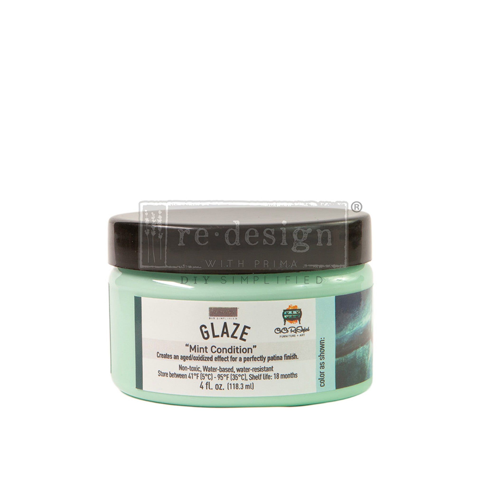 A 4oz (118.3 ml) container of ReDesign with Prima's Mint Condition Glaze by CeCe ReStyled is against a white background,