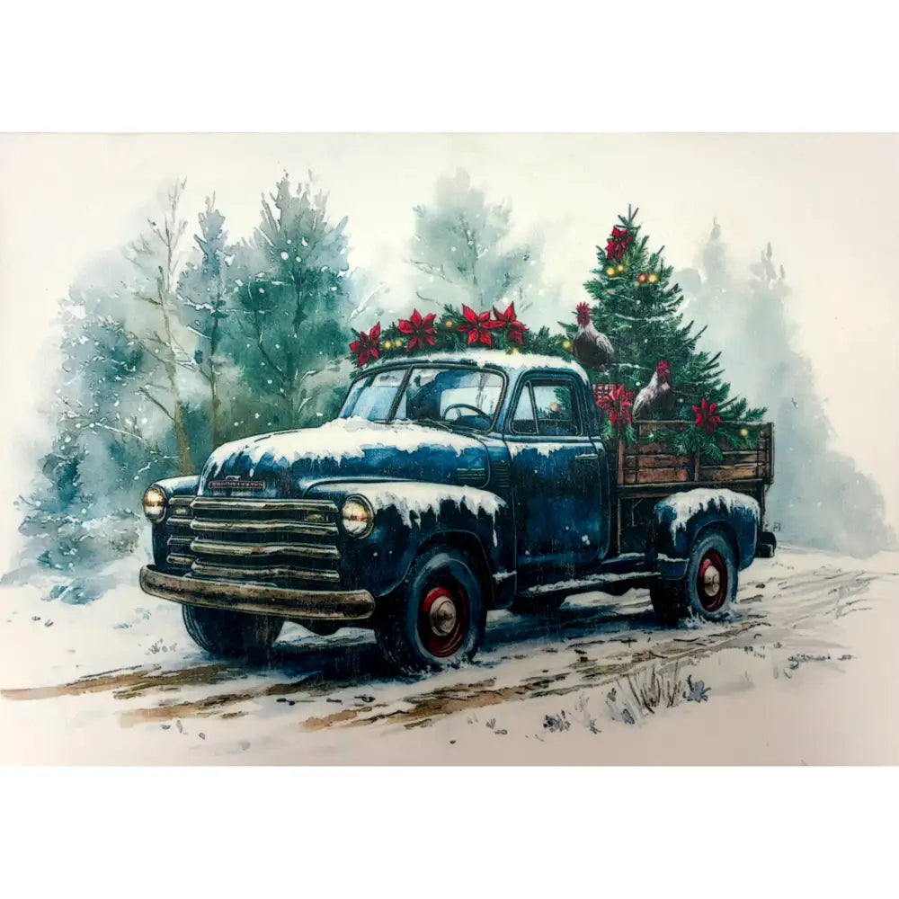 A3 fiber paper featuring a vintage blue farm truck hauling a Christmas tree and poinsettias down a snowy road.