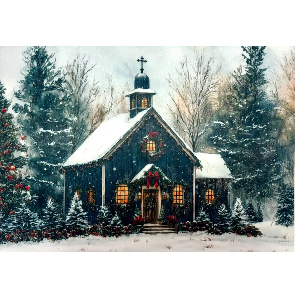 A3 fiber paper featuring a quaint blue snow covered church is nestled among pine trees.