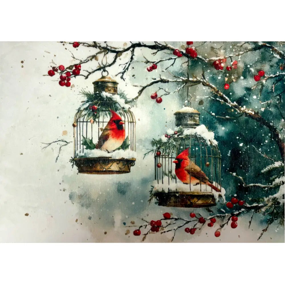 A3 fiber paper featuring 2 bird cages with red cardinals hanging from red berry branches dusted in snow.