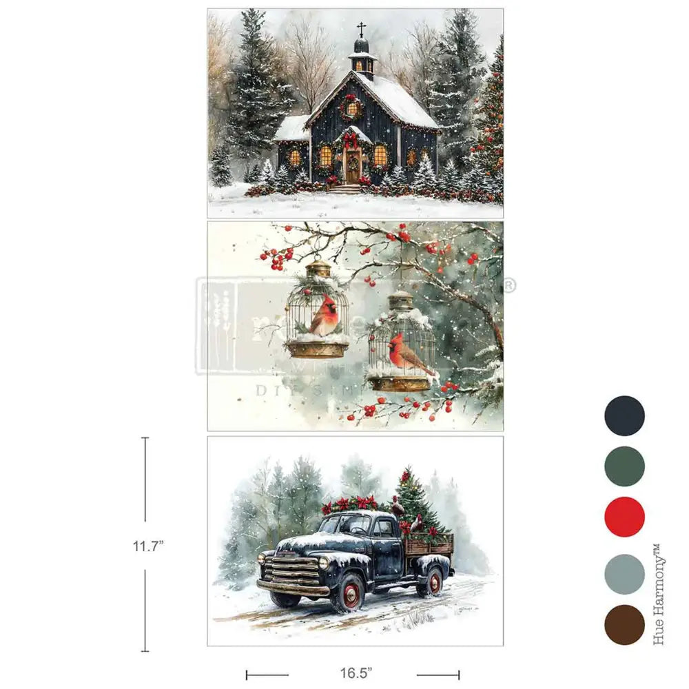 Three sheets of ReDesign with Prima's Christmas Blessings A3 fiber papers are against a white background with 5 color samples to the right. Measurements for 1 sheet reads: 11.7" x 16.5".