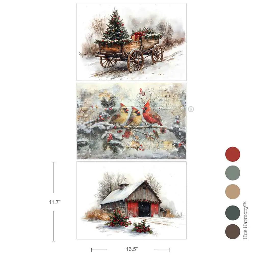 Three sheets of ReDesign with Prima's Christmas in the Countryside A3 fiber papers are against a white background with 5 color samples to the right. Measurements for 1 sheet reads: 11.7" x 16.5".