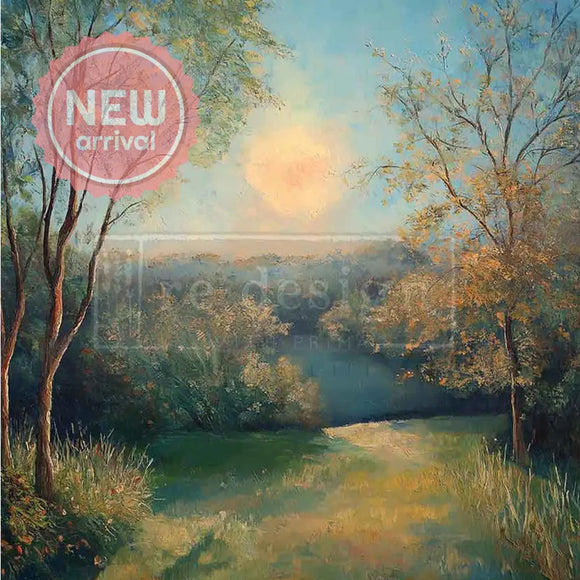 ReDesign with Prima Cozy Countryside A3 fiber decoupage paper closeup, misty countryside path with trees and warm sunrise light