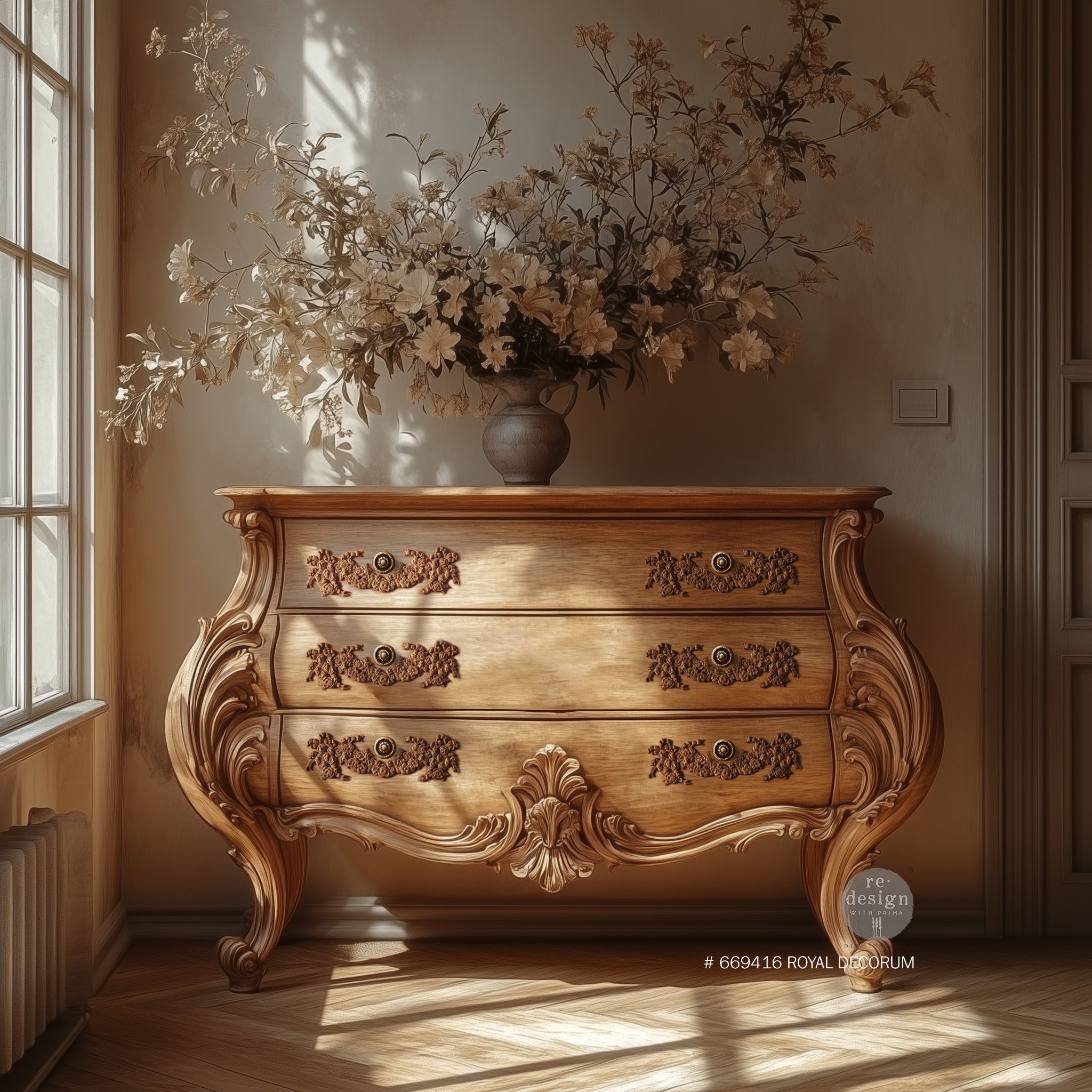 A vintage 3-drawer natural wood dresser features ReDesign with Prima's Royal Decorum Decor Poly furniture appliques on the drawers and are painted to match the wood.