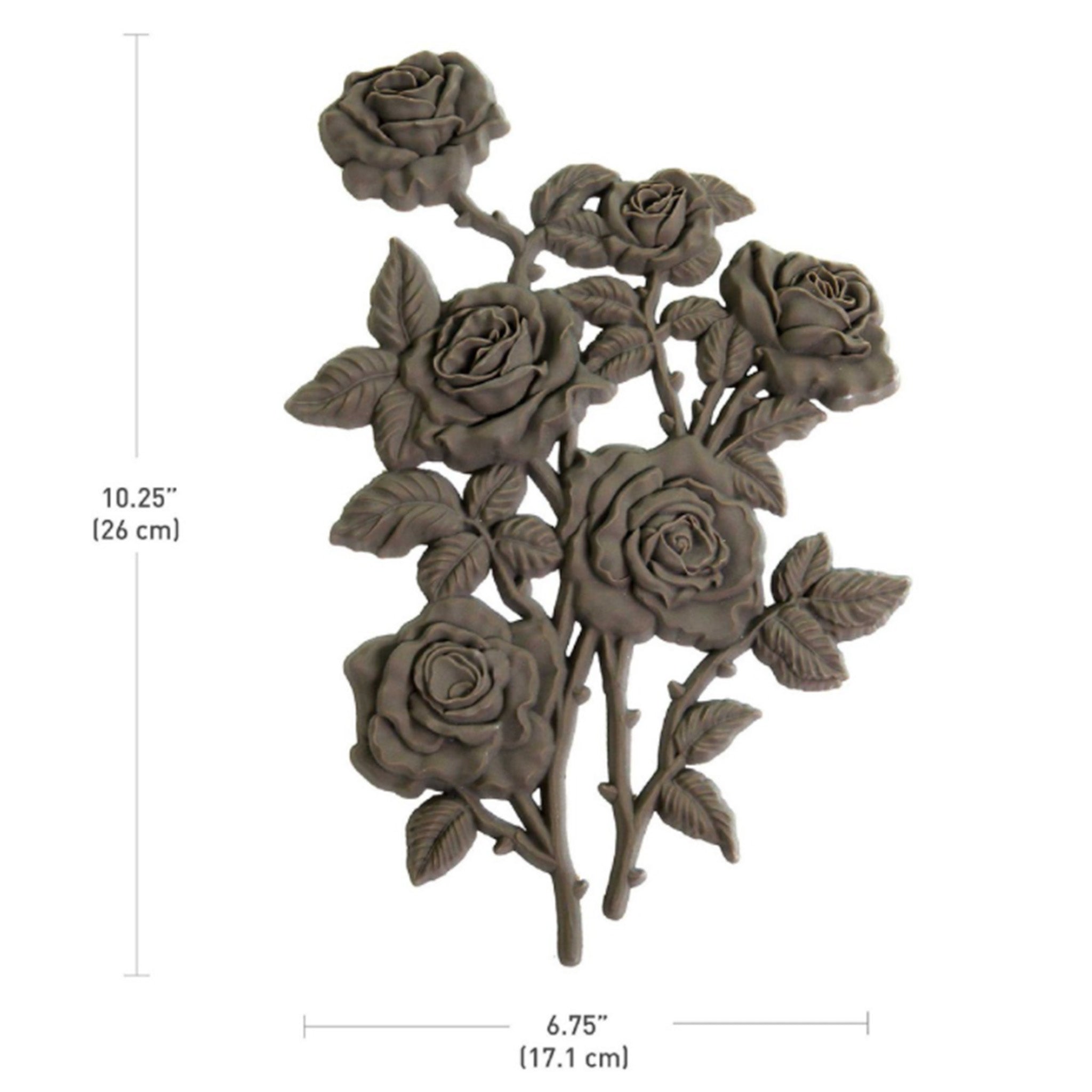 A brown colored bendable furniture applique of a small bouquet of 6 roses is against a white background. Measurements for the applique read: 10.25" (26 cm) x 6.75" (17.1 cm).