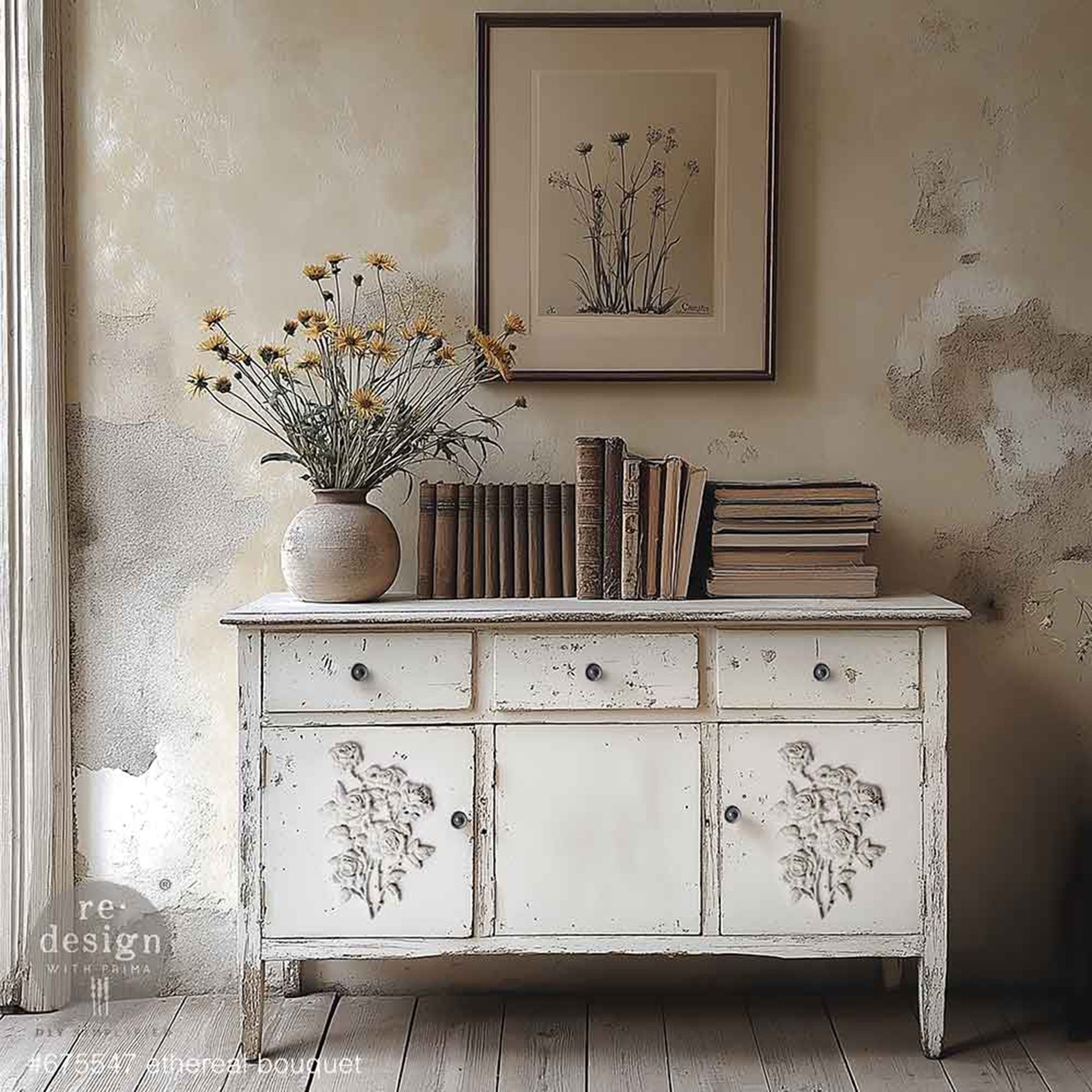 A buffet cabinet with 3 drawers and 3 doors is painted soft white and features ReDesign with Prima's Ethereal Bouquet Poly Decor bendable furniture applique on the right and left doors.