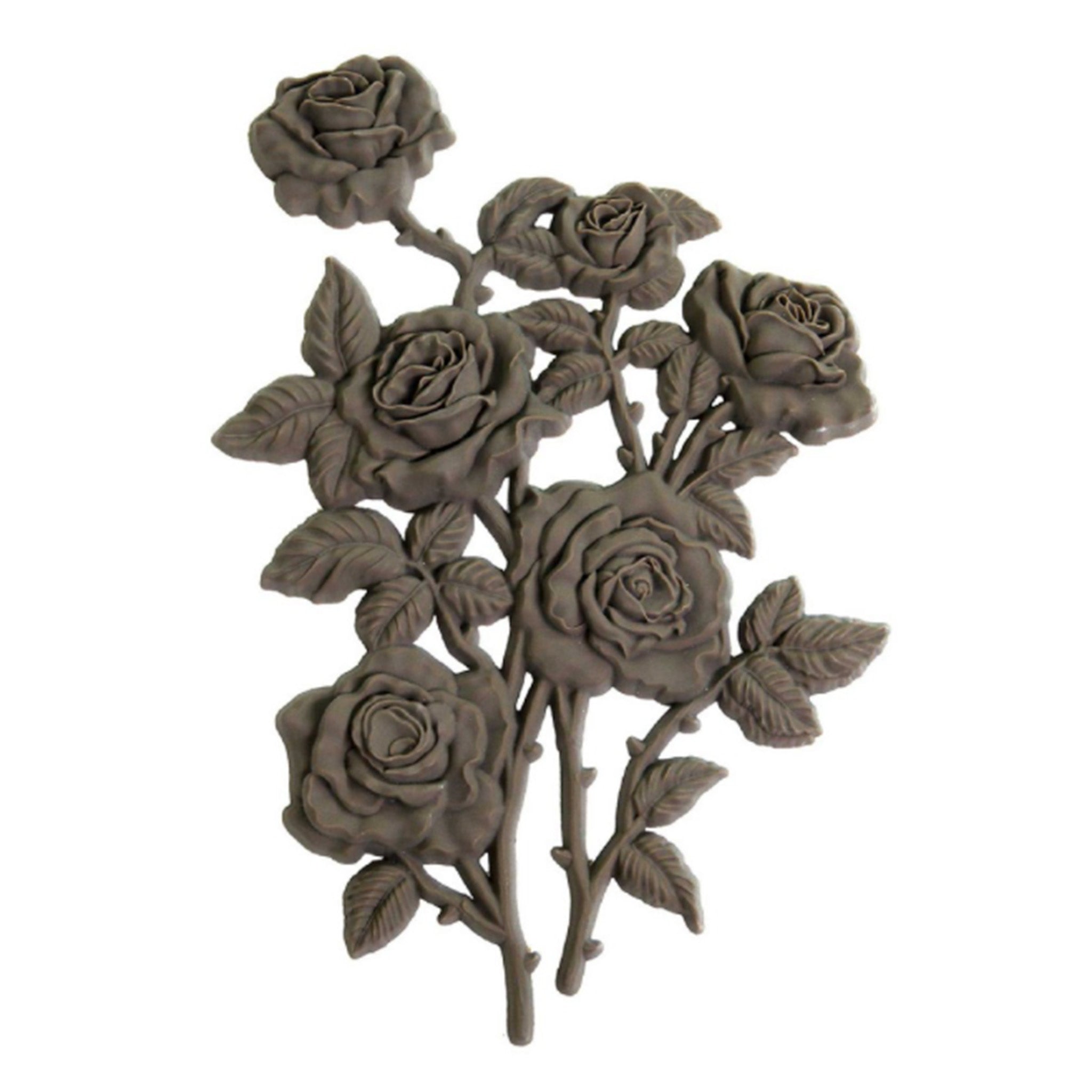 A brown colored bendable furniture applique of a small bouquet of 6 roses is against a white background.