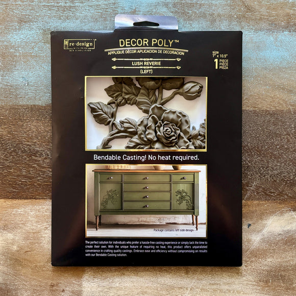 A package of ReDesign with Prima's Lush Reverie Left Decor Poly bendable casting is against a wood background.
