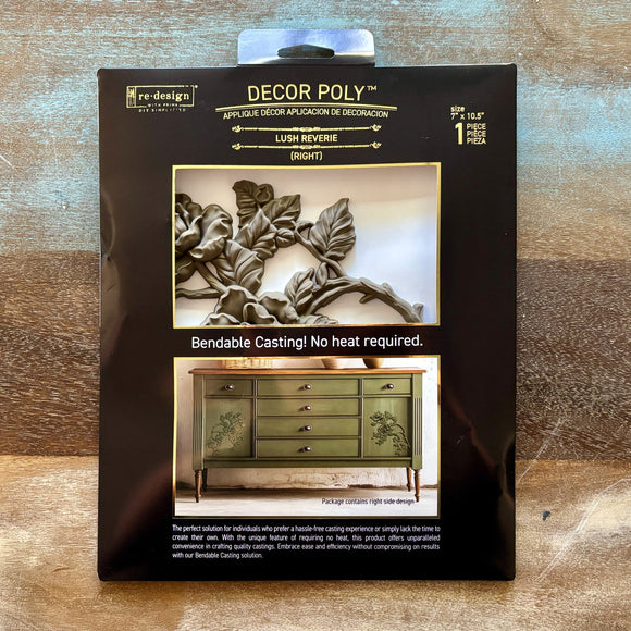 A package of ReDesign with Prima's Lush Reverie Right Decor Poly bendable casting is against a wood background.