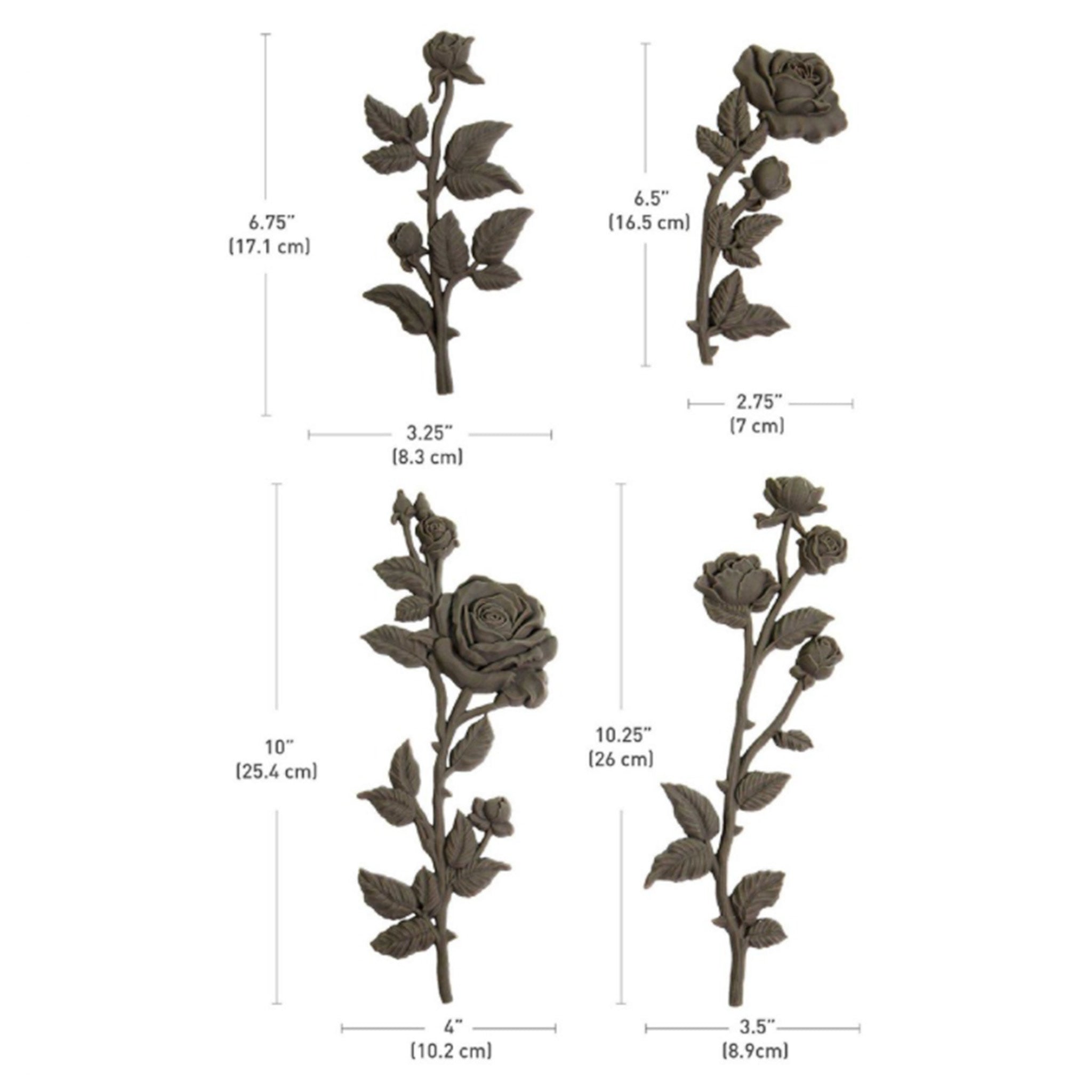 Four brown colored bendable furniture appliques of single stem roses are against a white background. Measurements for each applique read: 6.75"x 3.25", 6.5"x2.75", 10"x4", and 10.25"x3.5".