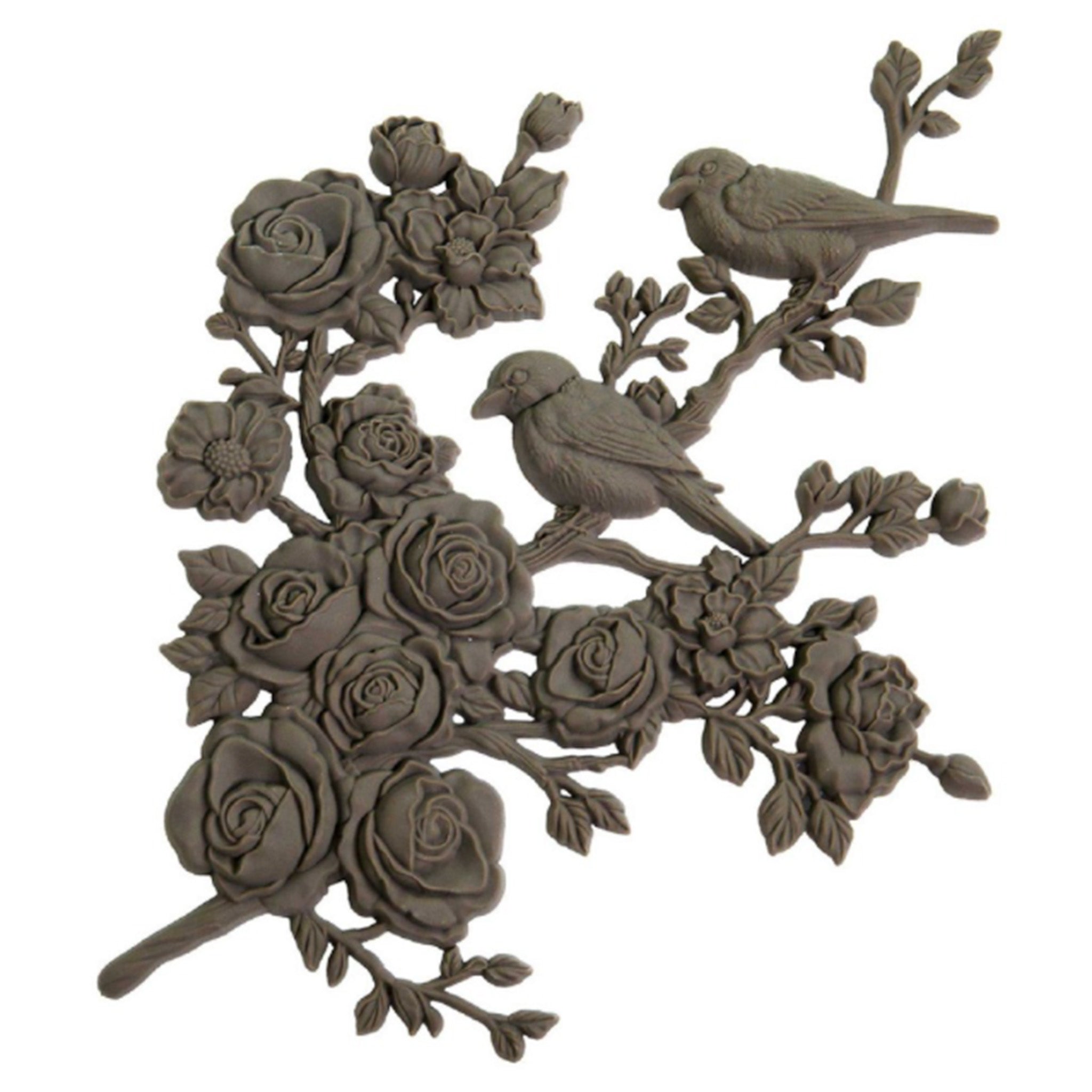 A brown colored bendable furniture applique of 2 birds perched on a branch of blooming roses and flowers is against a white background.