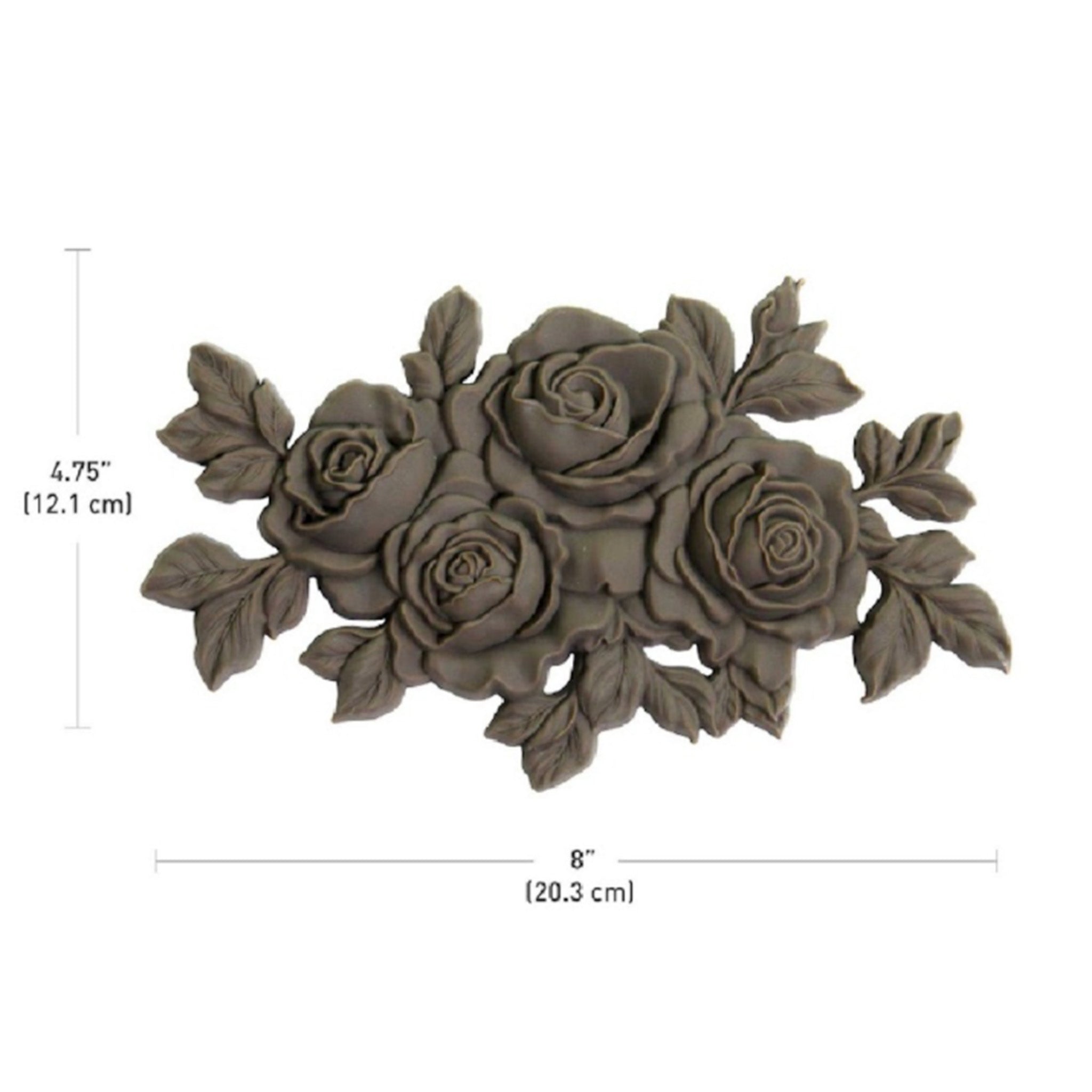 A brown colored bendable furniture applique of a small bouquet of 6 roses is against a white background. Measurements for the applique read: 4.75" (12.1 cm) x 8" (20.3 cm).