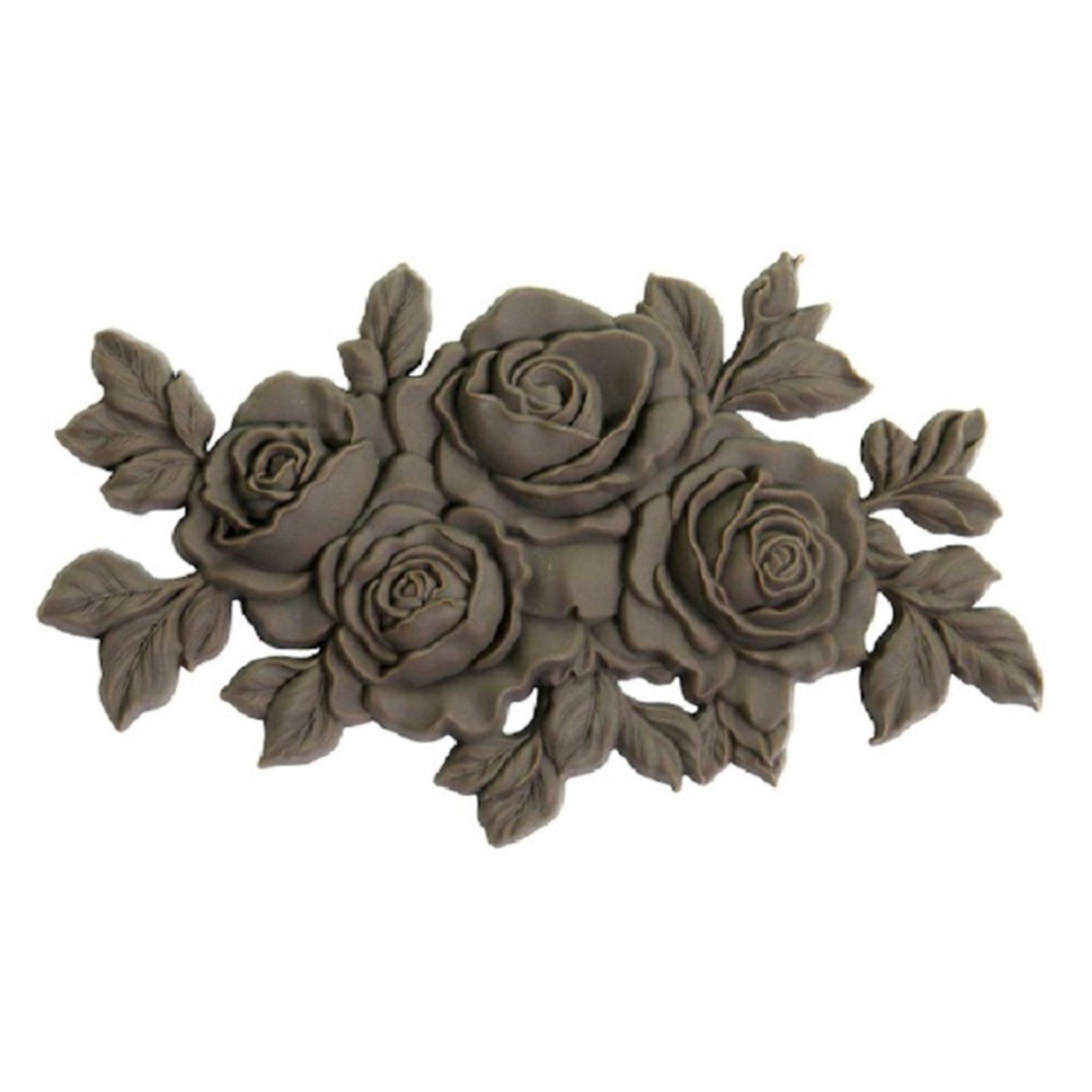 A brown colored bendable furniture applique of a small bouquet of 4 roses is against a white background.
