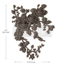 A flexible decor poly casting featuring 3 roses with hanging branches curving to the left is against a white background. Measurements for the casting read: 9.5" (24.1 cm) by 7" (17.7 cm).