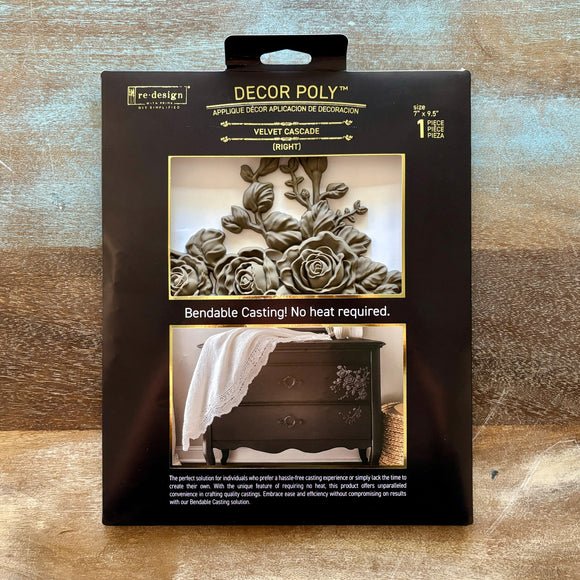 A package of ReDesign with Prima's Velvet Cascade Right Decor Poly bendable casting is against a wood background.
