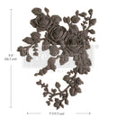 A flexible decor poly casting featuring 3 roses with hanging branches curving to the right is against a white background. Measurements for the casting read: 9.5" (24.1 cm) by 7" (17.7 cm).