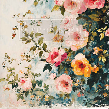 Close-up of ReDesign with Prima Blush Symphony A3 fiber decoupage paper with blush pink, cream, and yellow roses on a soft painted background