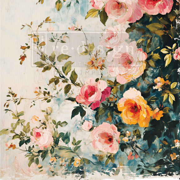 Close-up of ReDesign with Prima Blush Symphony A3 fiber decoupage paper with blush pink, cream, and yellow roses on a soft painted background