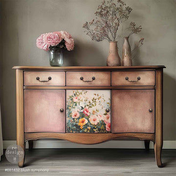 ReDesign with Prima Blush Symphony A3 fiber decoupage paper applied to a vintage blush sideboard with a floral center panel