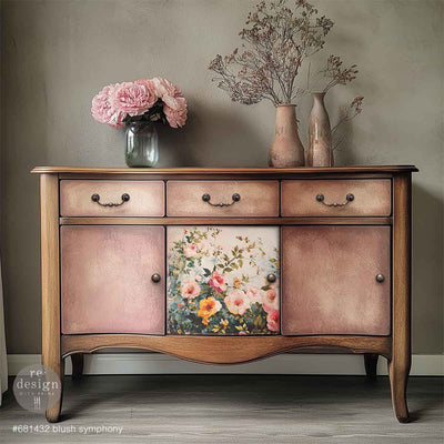 ReDesign with Prima Blush Symphony A3 fiber decoupage paper applied to a vintage blush sideboard with a floral center panel