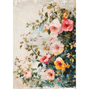 Full sheet of ReDesign with Prima Blush Symphony A3 fiber decoupage paper featuring romantic painterly florals in blush pink, cream, and soft blue