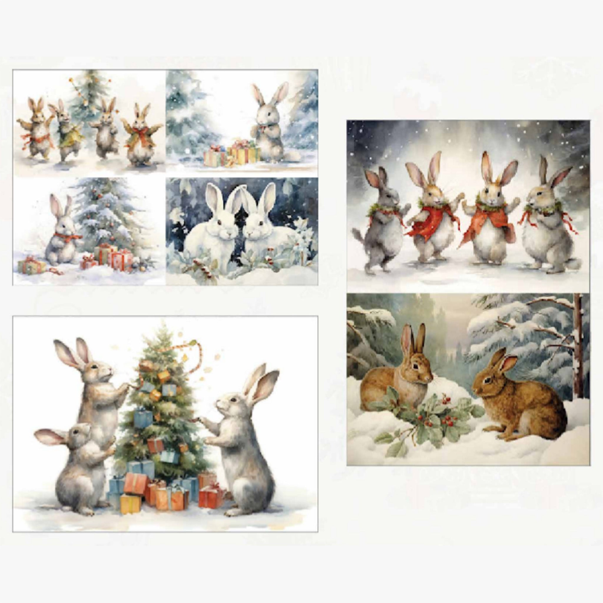 Three sheets of A3 fiber papers that each feature different scenes of adorable bunnies frolicking in the snow among Christmas trees are against a white background.