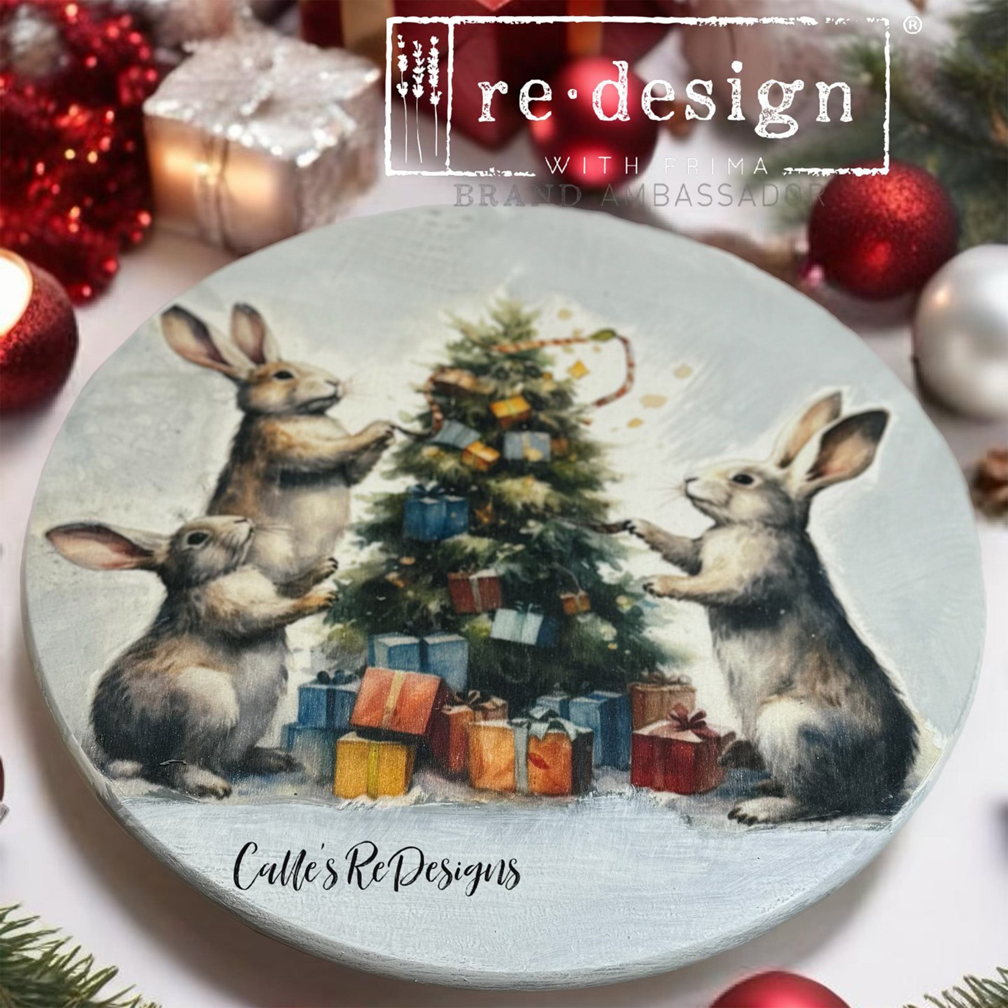 A lazy Susan refurbished by Calle's ReDesigns is painted light grey and features a ReDesign with Prima's Bunny Wonderland A3 fiber paper design on it.