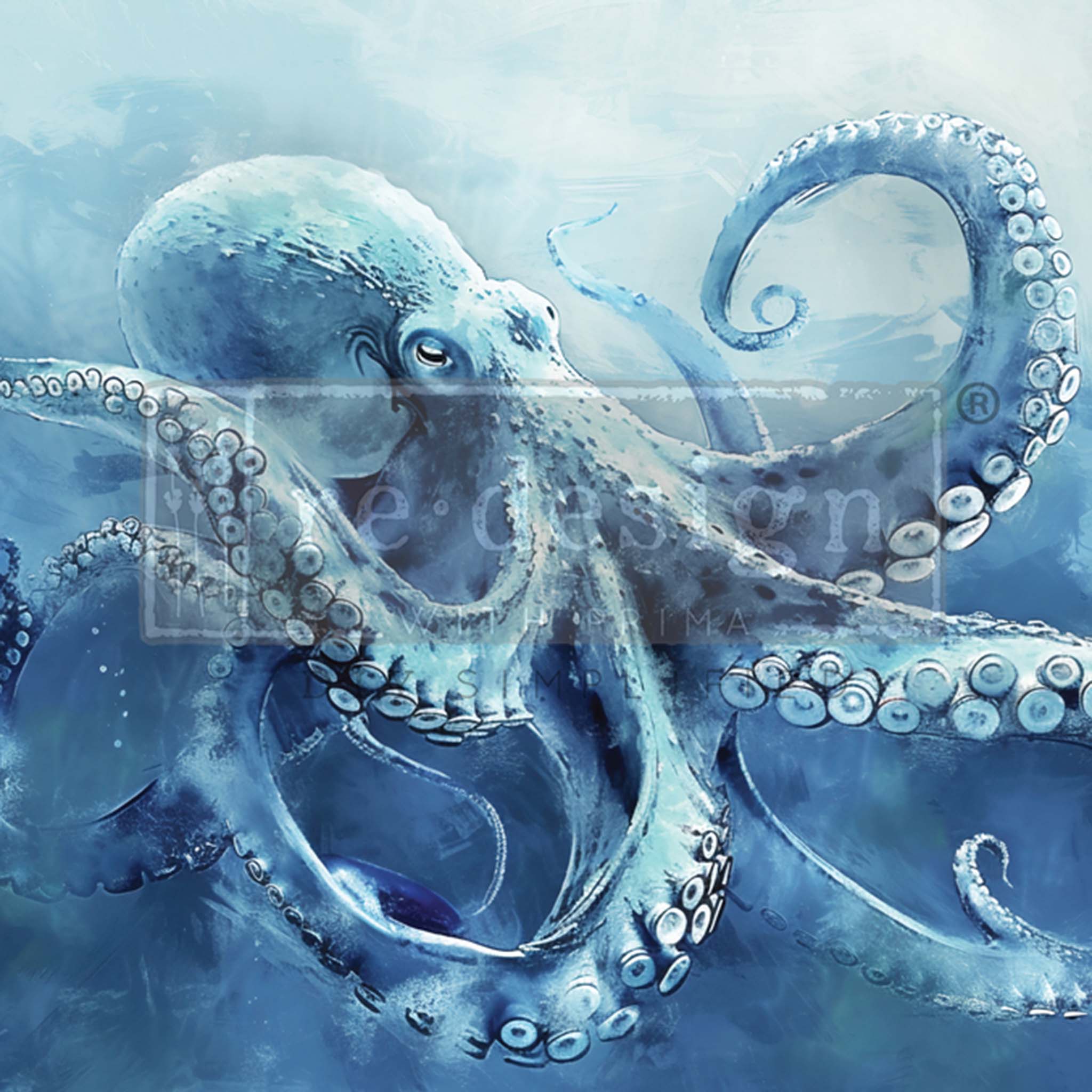 Close-up of an A1 fiber paper design that features a painting of a large blue octopus in the blue ocean. 