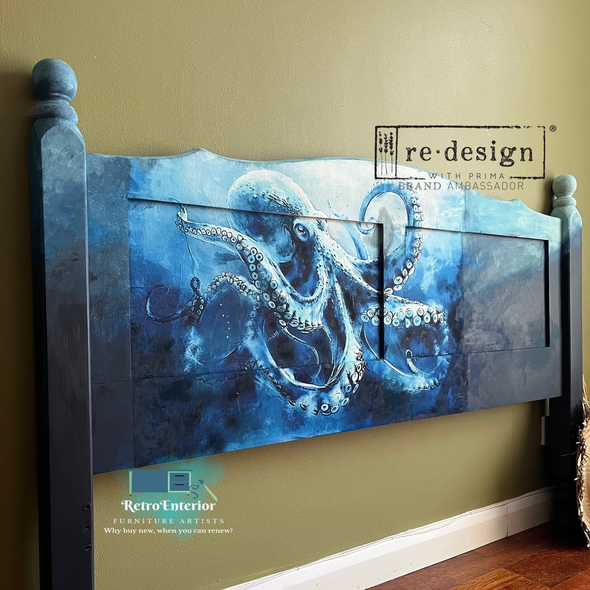 A headboard refurbished by Retro Enterior is painted an ombre of blues and features ReDesign with Prima's Deep Sea Dancer fiber paper on it.