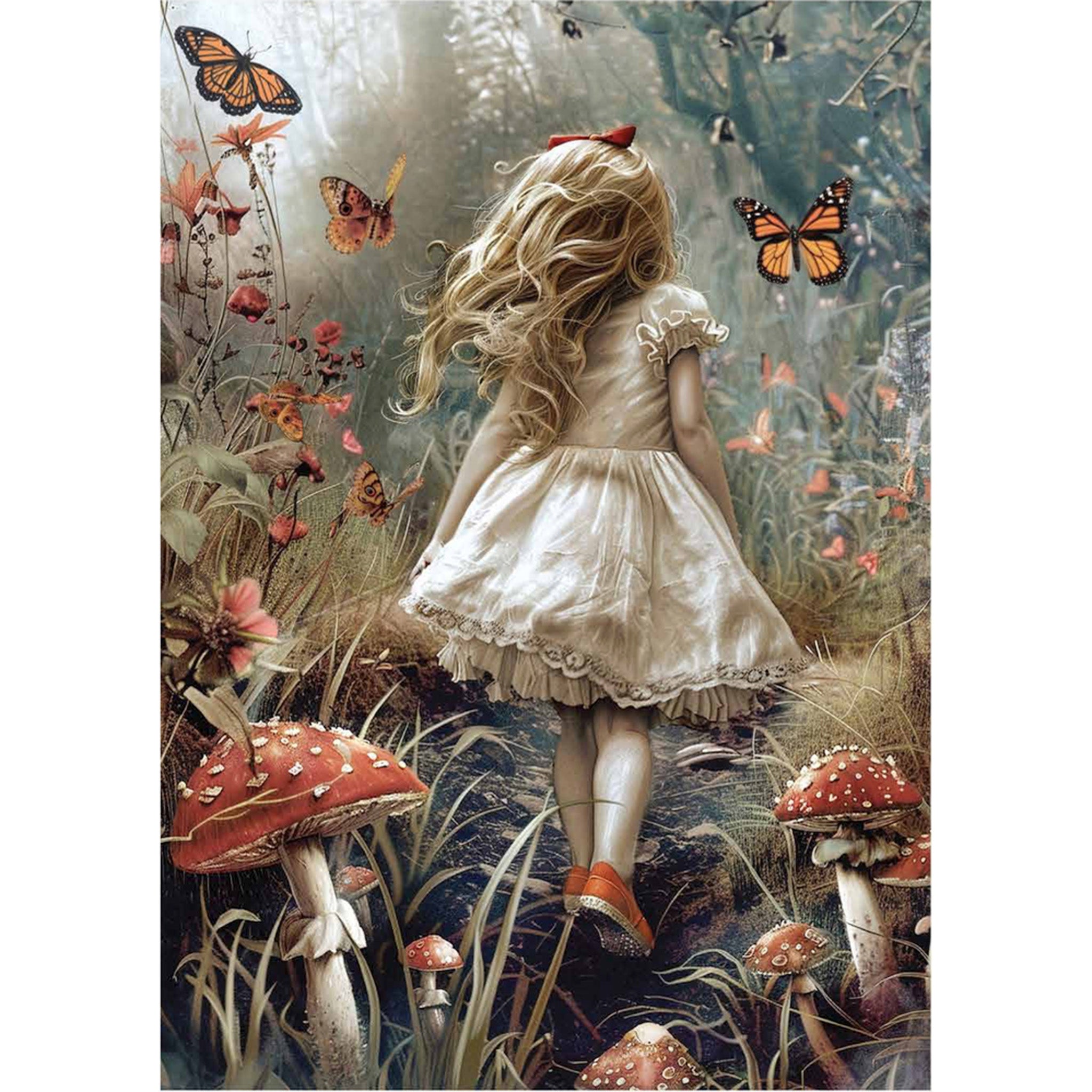 A fiber paper design featuring young Alice walking among mushrooms, flowers, and butterflies is against a white background.