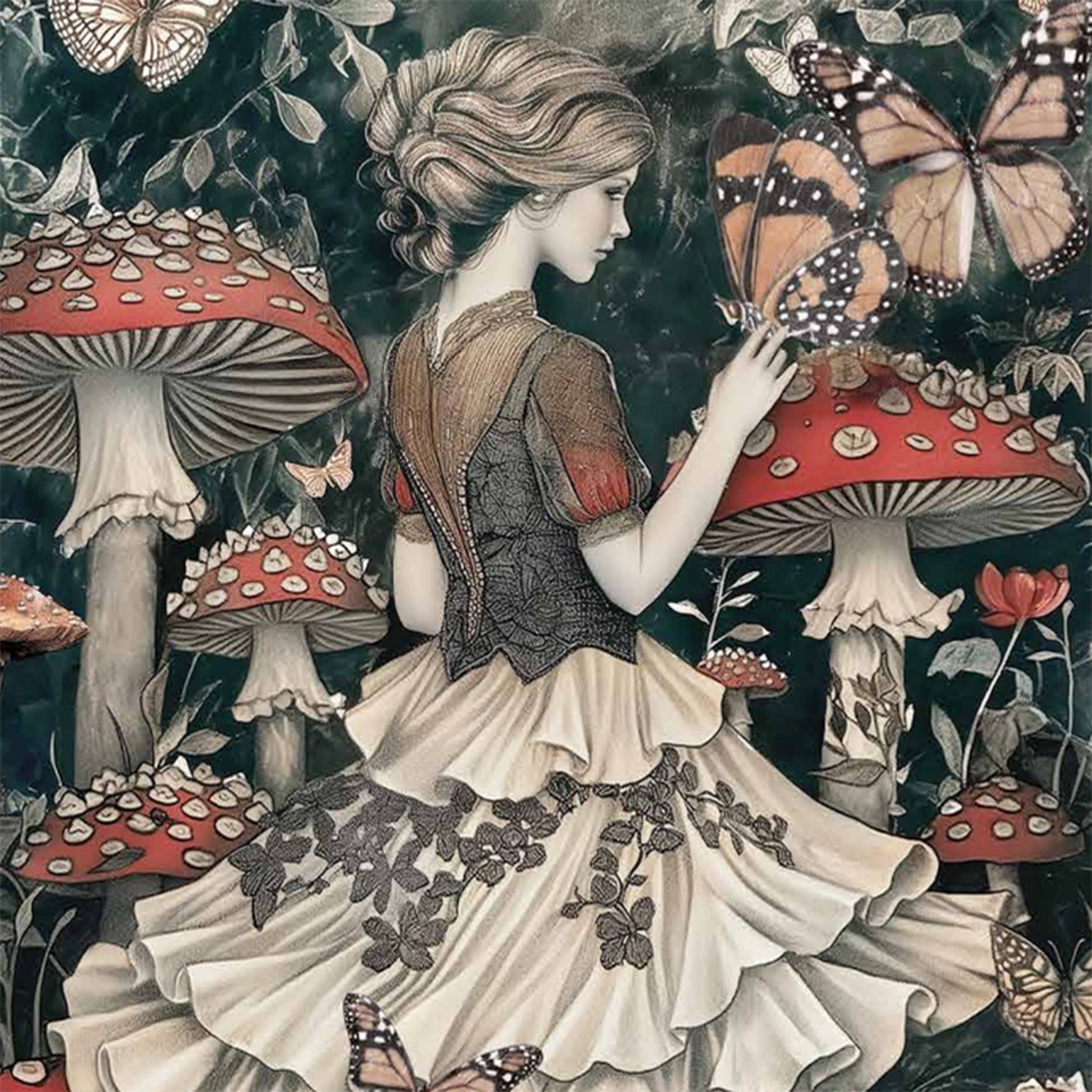 Close-up of a fiber paper featuring Alice of Alice in Wonderland walking among large mushrooms and butterflies.