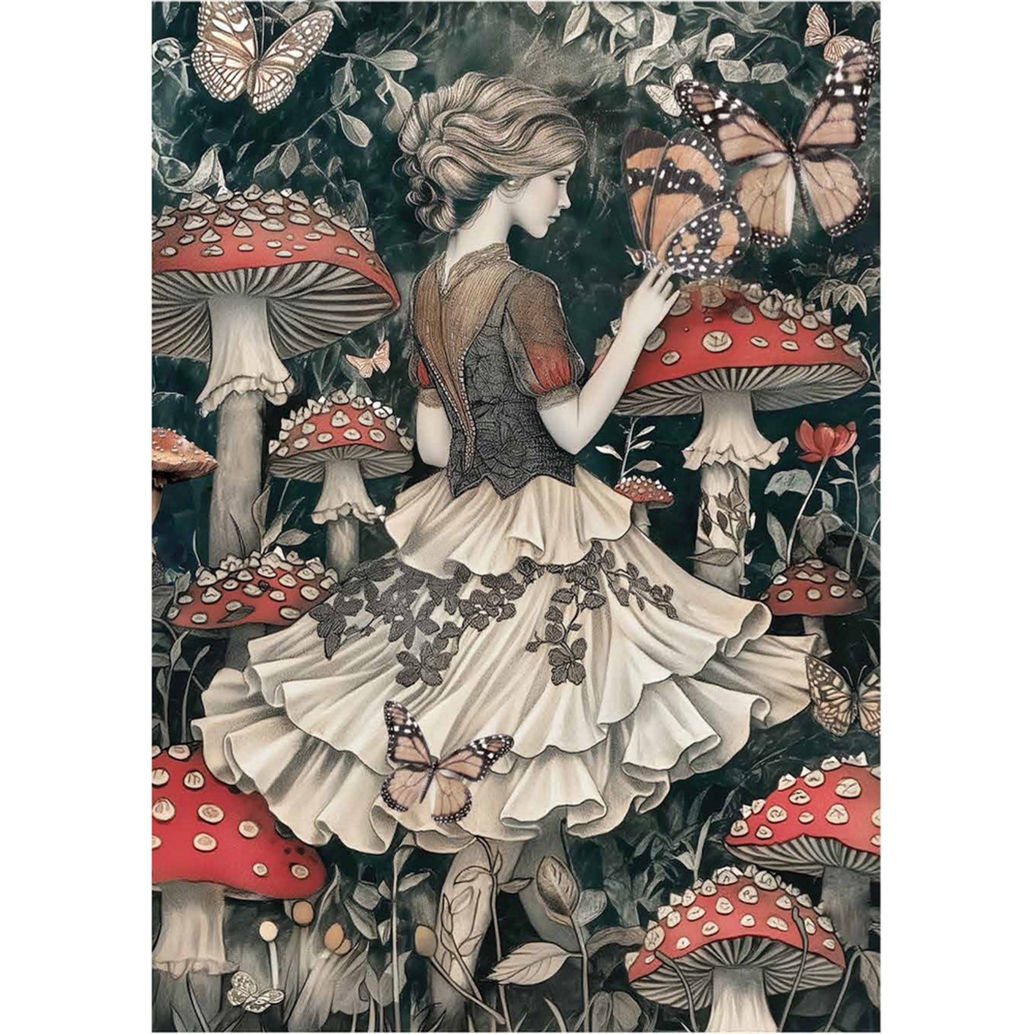 A fiber paper featuring Alice of Alice in Wonderland walking among large mushrooms and butterflies is against a white background.