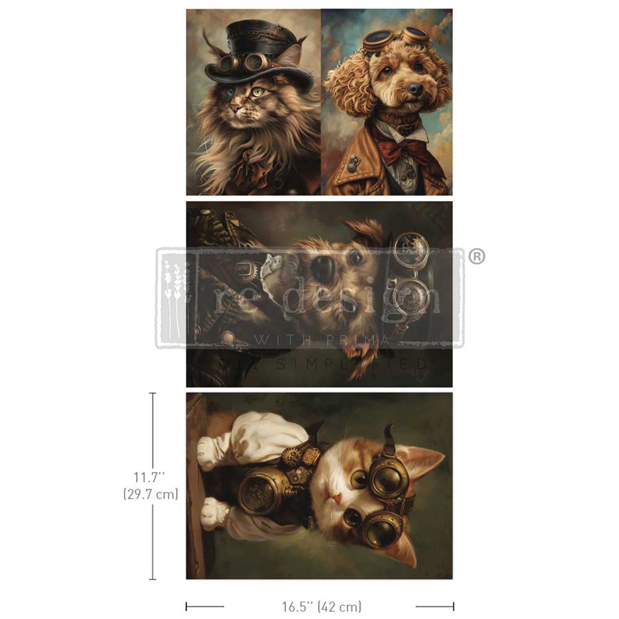 Three sheets of fiber paper against a white background feature 4 unique designs of steampunk cats and dogs in stylish human attire. Measurements for 1 sheet reads: 11.7" (29.7 cm) x 16.5" (42 cm).