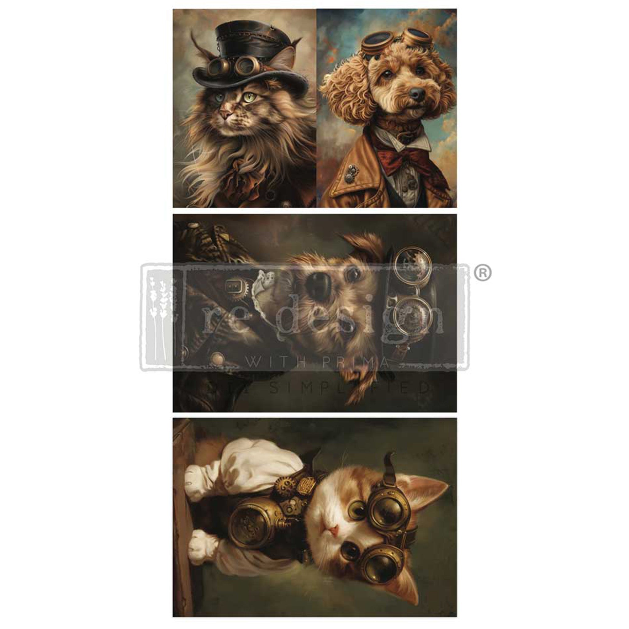 Three sheets of fiber paper against a white background feature 4 unique designs of steampunk cats and dogs in stylish human attire.