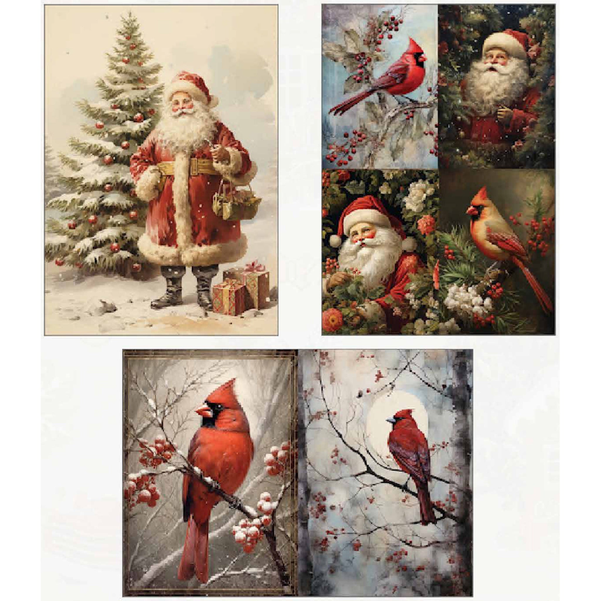 Three sheets of A3 fiber paper designs featuring vintage Christmas  Santa Claus and cardinals on red berry branches in snowy scenes are against a white background.